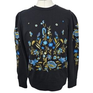 DREW Floral Embroidered Sweatshirt Size Medium Boho Chic Black